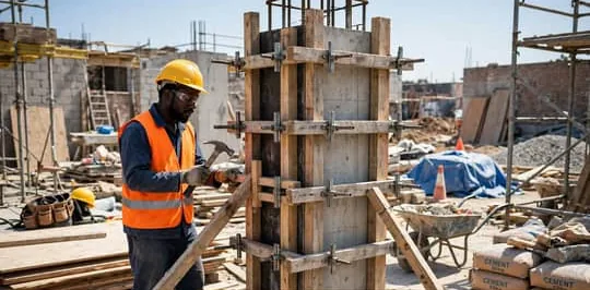 Ouvrier qui fixe un coffrage de poteau en bois sur un chantier