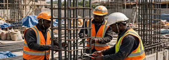 Trois ouvriers qui assemblent une cage d'armature en acier pour un poteau