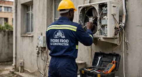 Technicien en tenue Ivoire Froid & Construction qui intervient sur une unité de climatisation extérieure