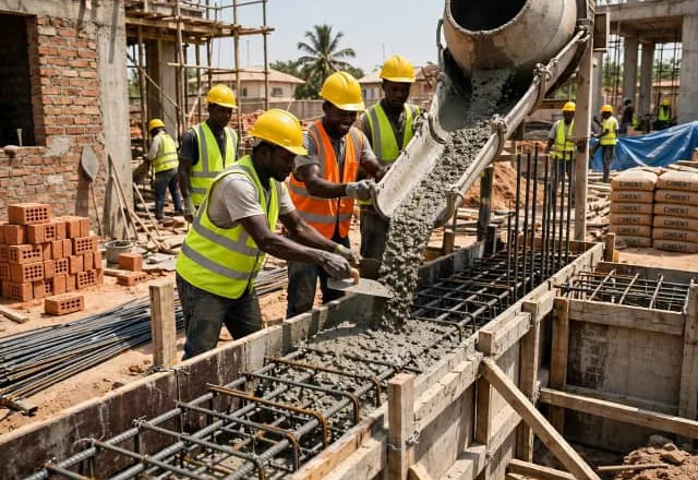 Maçons qui coulent du béton depuis une toupie dans une fondation ferraillée