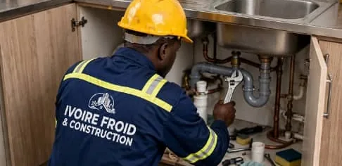 Plombier en tenue Ivoire Froid & Construction qui serre un raccord sous un évier